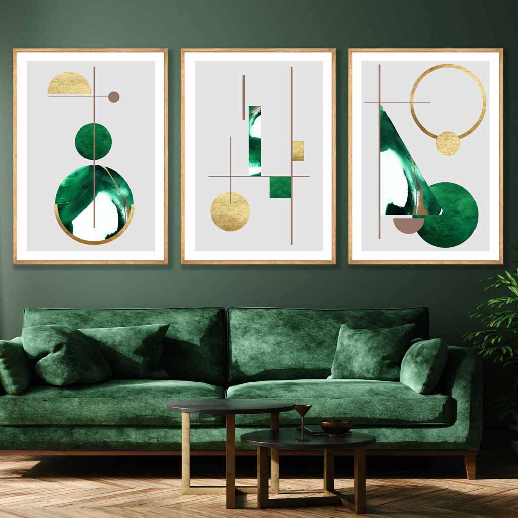 Art Deco Set of 3 Textured Geometric Wall Art Prints in Green and Gold