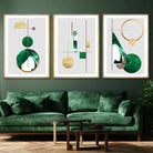 Art Deco Set of 3 Textured Geometric Wall Art Prints in Green and Gold