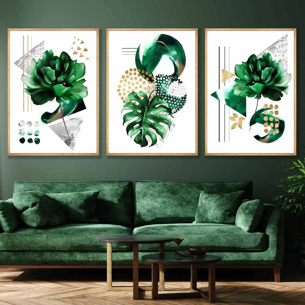 Abstract Green Gold Floral Set of 3 Art Prints