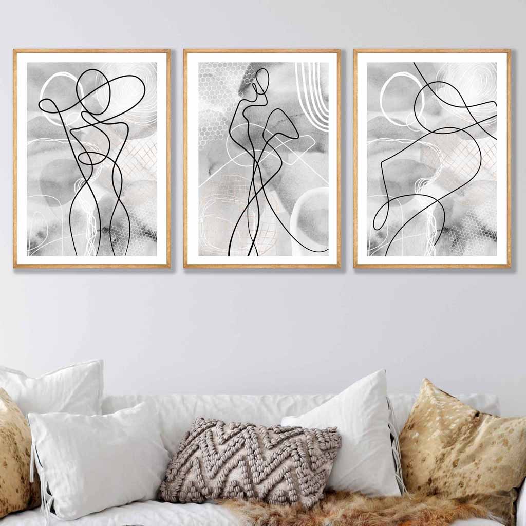 Abstract Set of 3 Fashion Line Art Wall Art Prints in Black & Grey