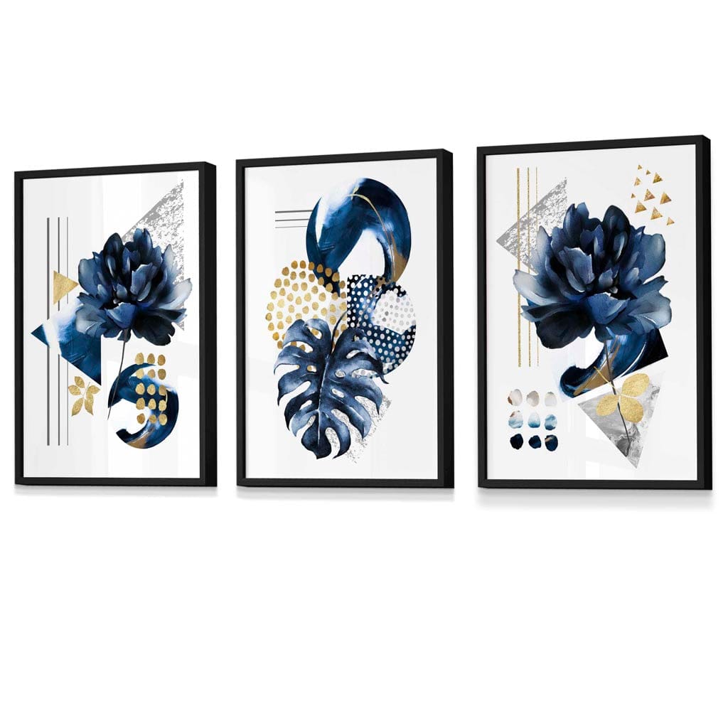 Abstract Navy and Gold Botanical Set of 3 Framed Wall Art Prints | Artze Wall Art UK