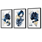 Abstract Navy and Gold Botanical Set of 3 Framed Wall Art Prints | Artze Wall Art UK