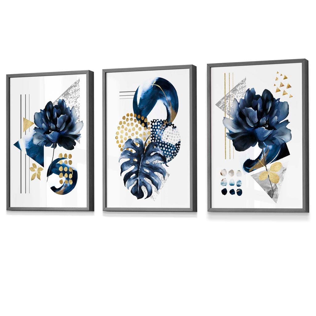 Abstract Navy and Gold Botanical Set of 3 Framed Wall Art Prints | Artze Wall Art UK