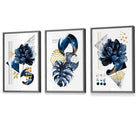 Abstract Navy and Gold Botanical Set of 3 Framed Wall Art Prints | Artze Wall Art UK