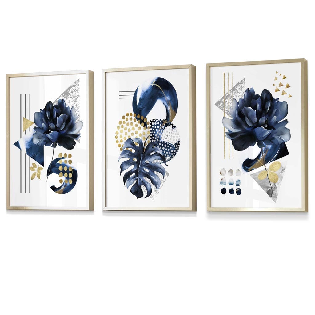 Abstract Navy and Gold Botanical Set of 3 Framed Wall Art Prints | Artze Wall Art UK