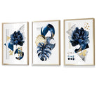 Abstract Navy and Gold Botanical Set of 3 Framed Wall Art Prints | Artze Wall Art UK