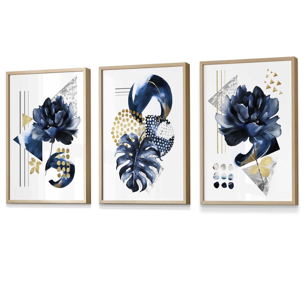 Abstract Navy and Gold Botanical Set of 3 Framed Wall Art Prints | Artze Wall Art UK