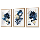 Abstract Navy and Gold Botanical Set of 3 Framed Wall Art Prints | Artze Wall Art UK