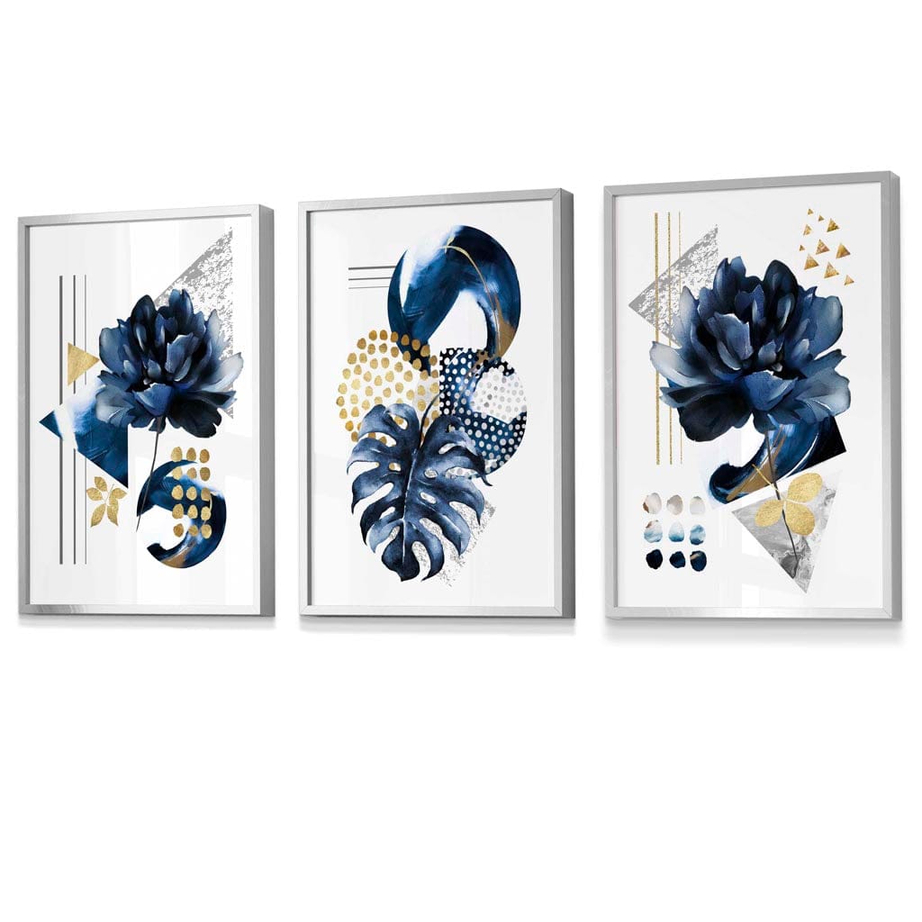 Abstract Navy and Gold Botanical Set of 3 Framed Wall Art Prints | Artze Wall Art UK