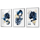 Abstract Navy and Gold Botanical Set of 3 Framed Wall Art Prints | Artze Wall Art UK