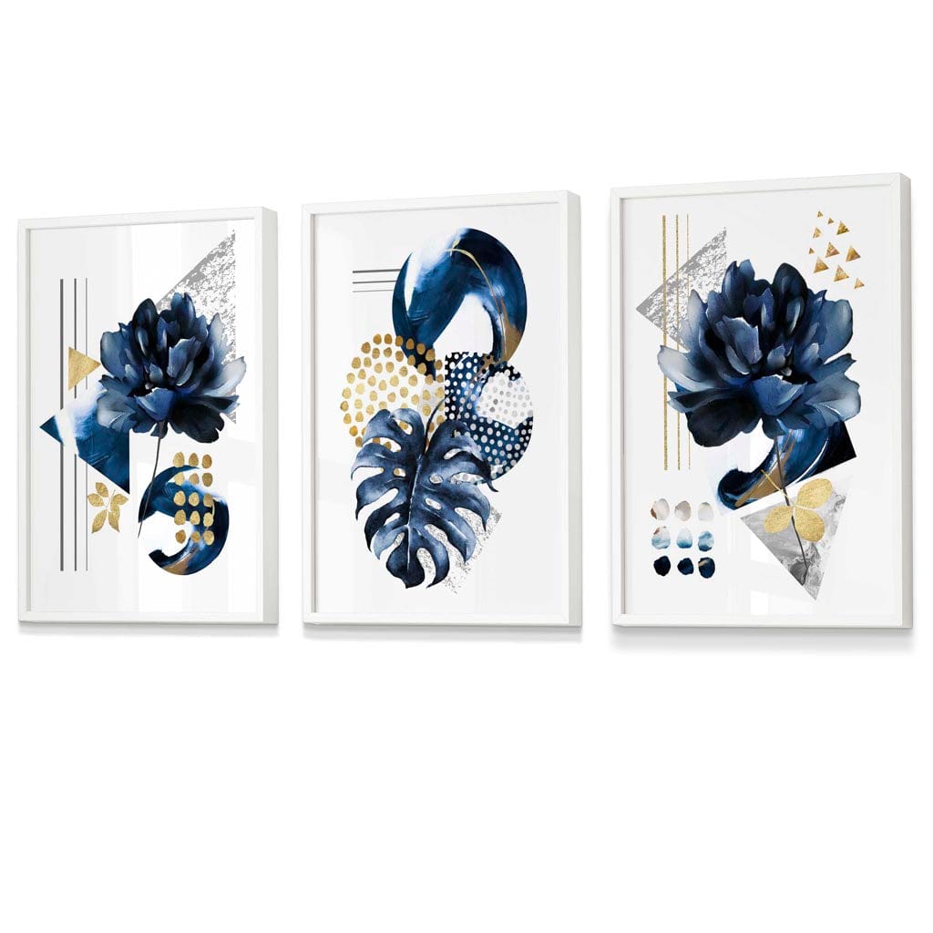 Abstract Navy and Gold Botanical Set of 3 Framed Wall Art Prints | Artze Wall Art UK