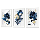 Abstract Navy and Gold Botanical Set of 3 Framed Wall Art Prints | Artze Wall Art UK