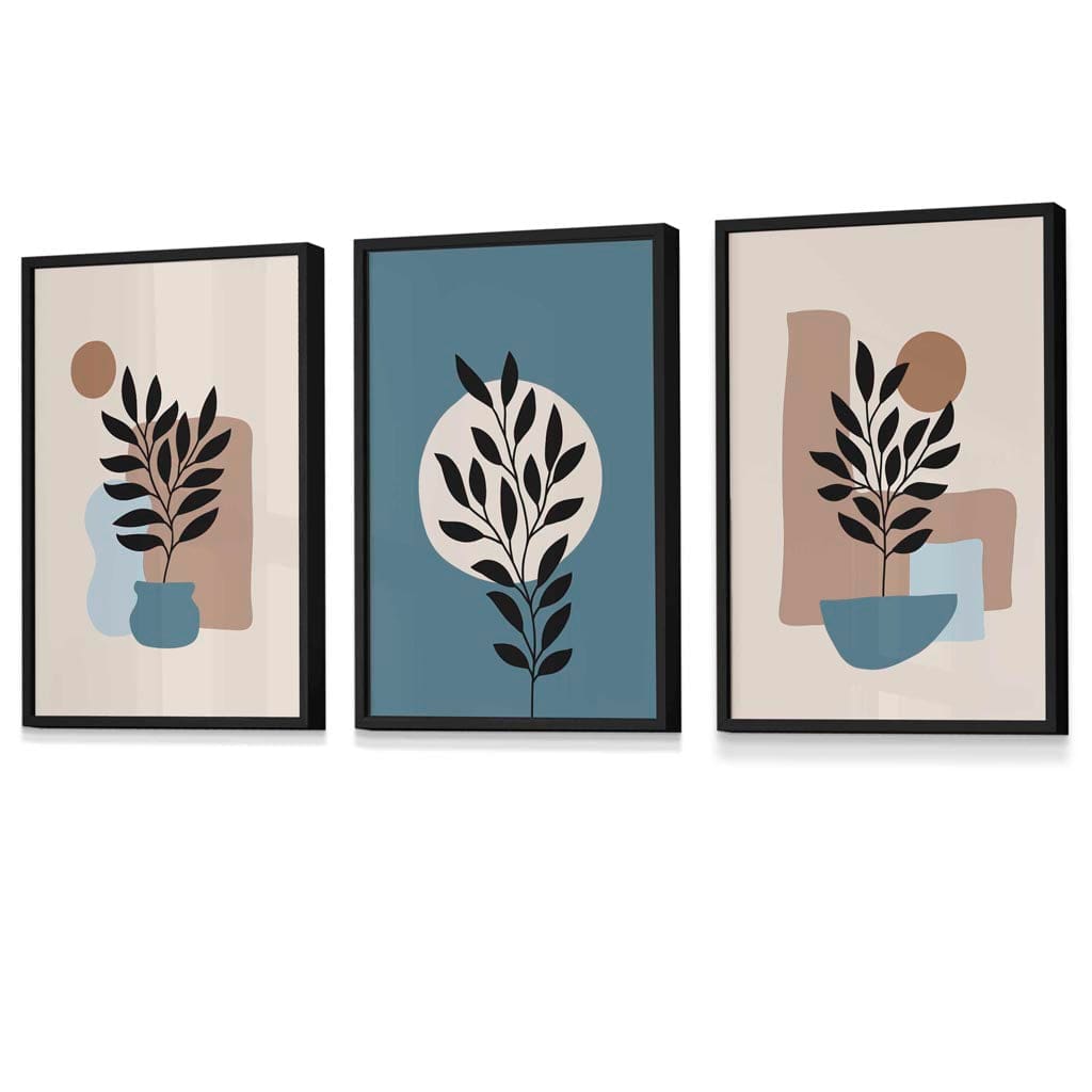 Botanical Set of 3 Boho Framed Wall Art Prints in Blue | Cream | Artze Wall Art UK