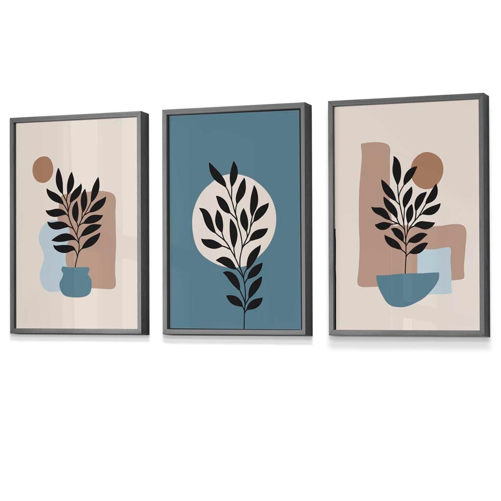 Botanical Set of 3 Boho Framed Wall Art Prints in Blue | Cream | Artze Wall Art UK