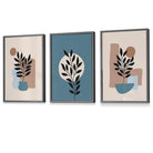 Botanical Set of 3 Boho Framed Wall Art Prints in Blue | Cream | Artze Wall Art UK