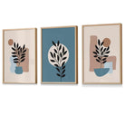 Botanical Set of 3 Boho Framed Wall Art Prints in Blue | Cream | Artze Wall Art UK