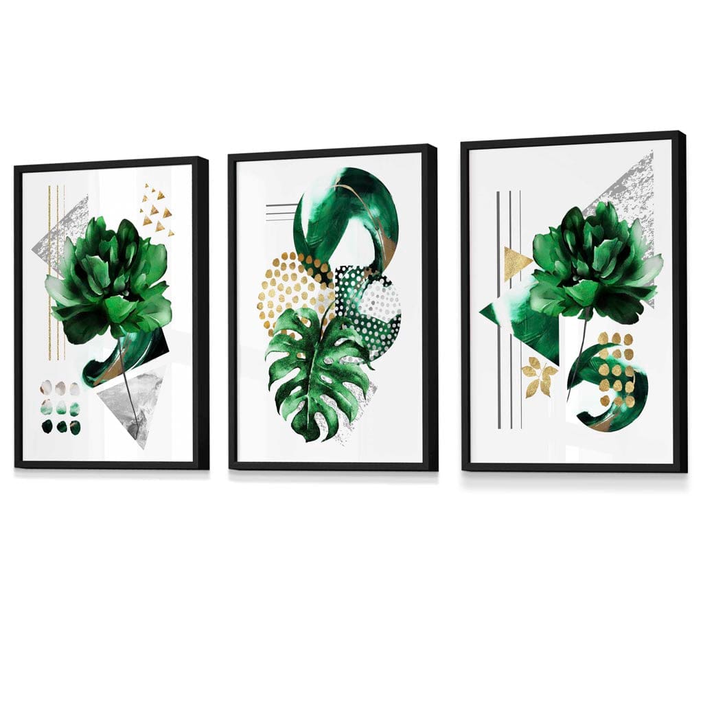 Abstract Green Gold Floral Set of 3 Framed Wall Art | Artze Wall Art UK
