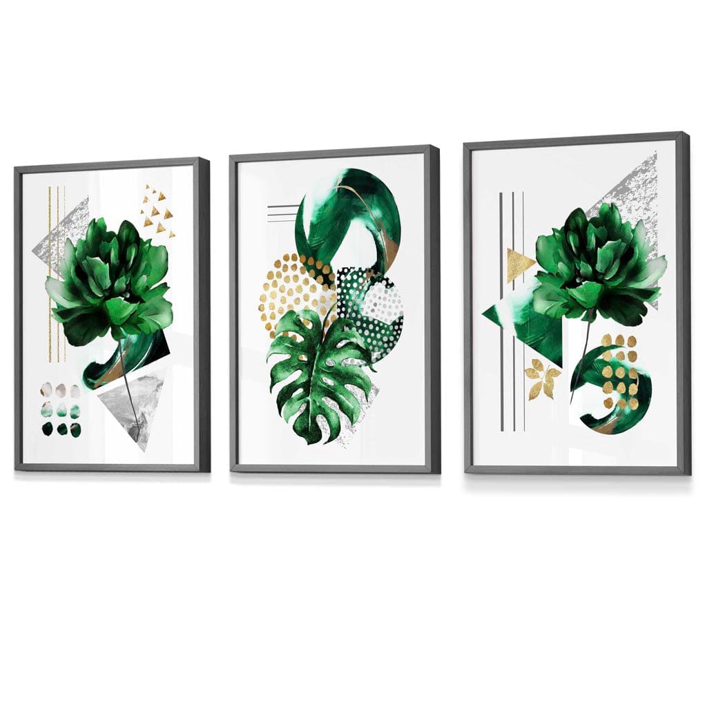 Abstract Green Gold Floral Set of 3 Framed Wall Art | Artze Wall Art UK