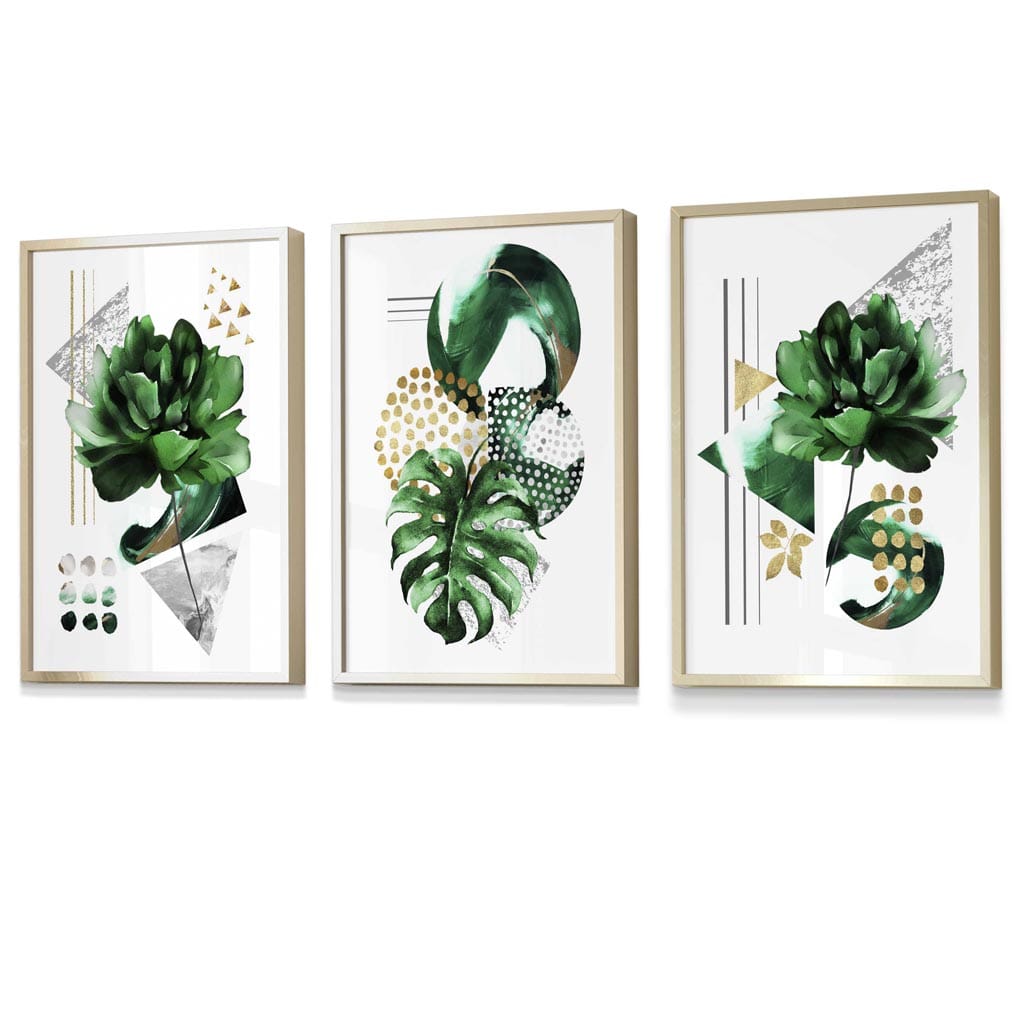 Abstract Green Gold Floral Set of 3 Framed Wall Art | Artze Wall Art UK