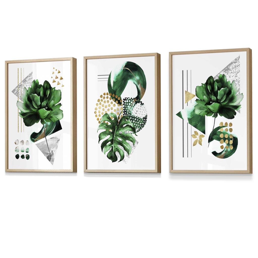 Abstract Green Gold Floral Set of 3 Framed Wall Art | Artze Wall Art UK