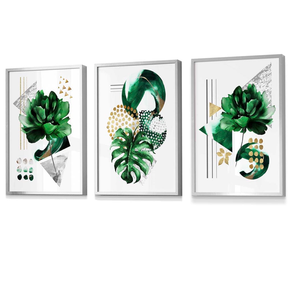 Abstract Green Gold Floral Set of 3 Framed Wall Art | Artze Wall Art UK