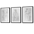 Abstract Line Art Female Grey Wall Art Set of 3 Framed Prints | Artze Wall Art UK