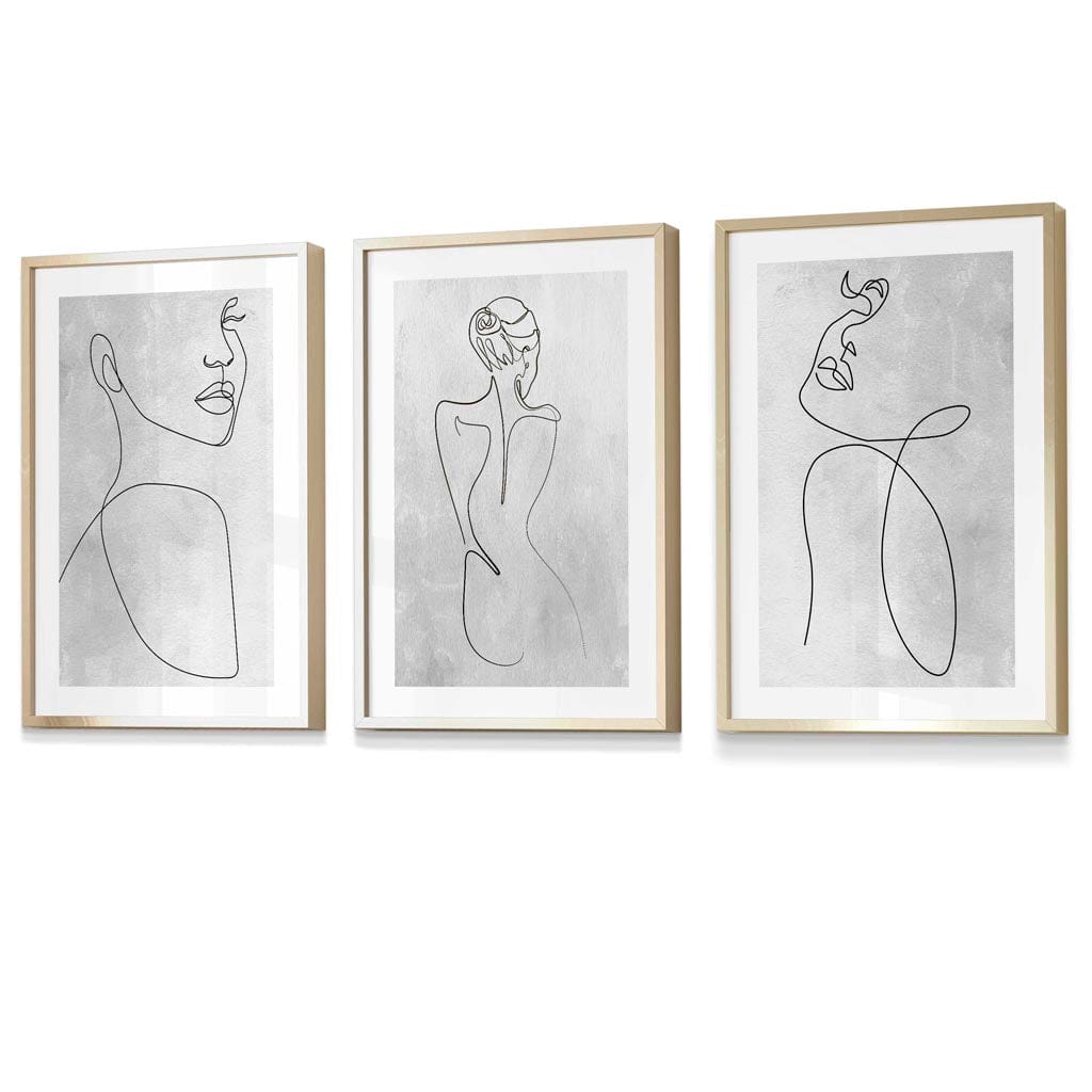 Abstract Line Art Female Grey Wall Art Set of 3 Framed Prints | Artze Wall Art UK