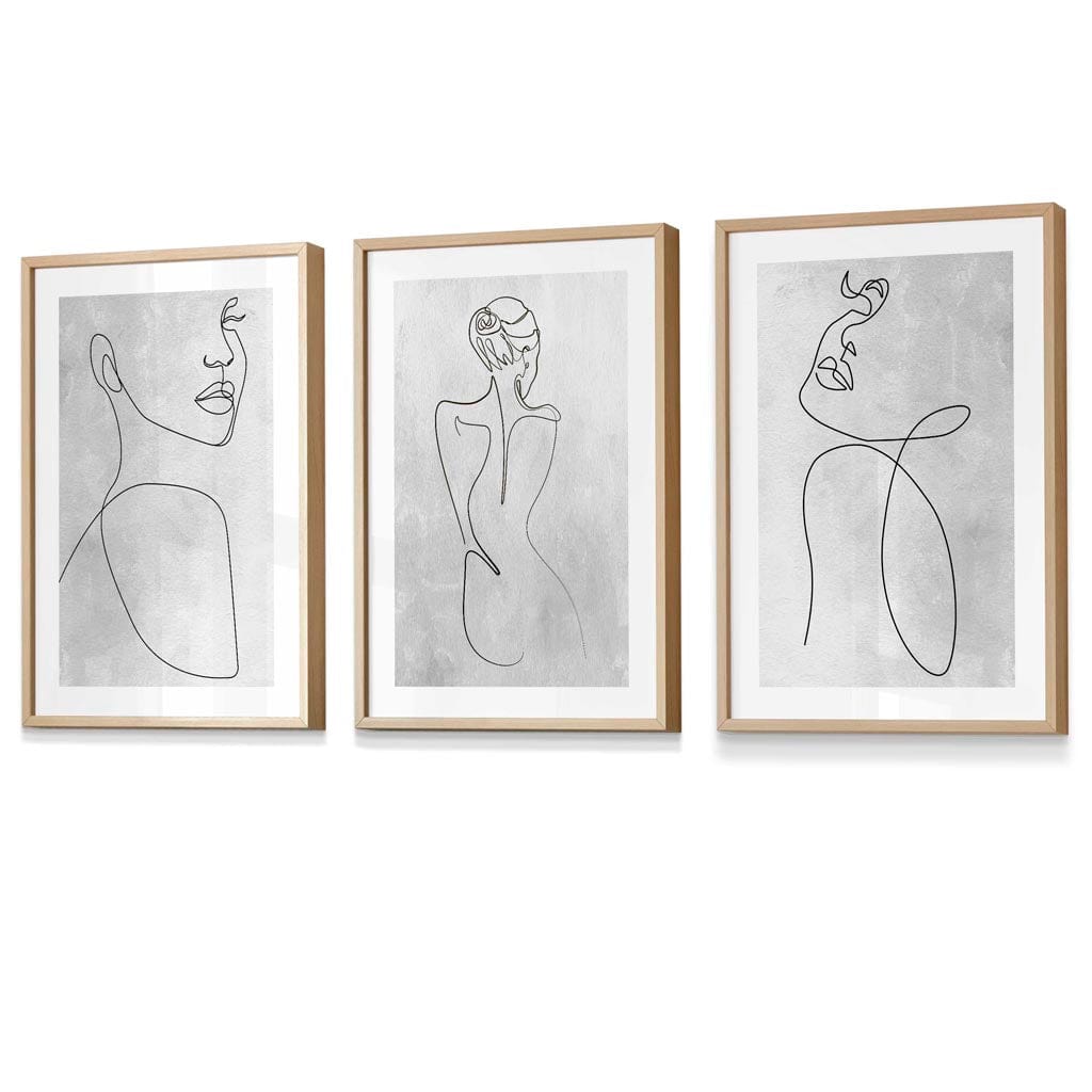 Abstract Line Art Female Grey Wall Art Set of 3 Framed Prints | Artze Wall Art UK