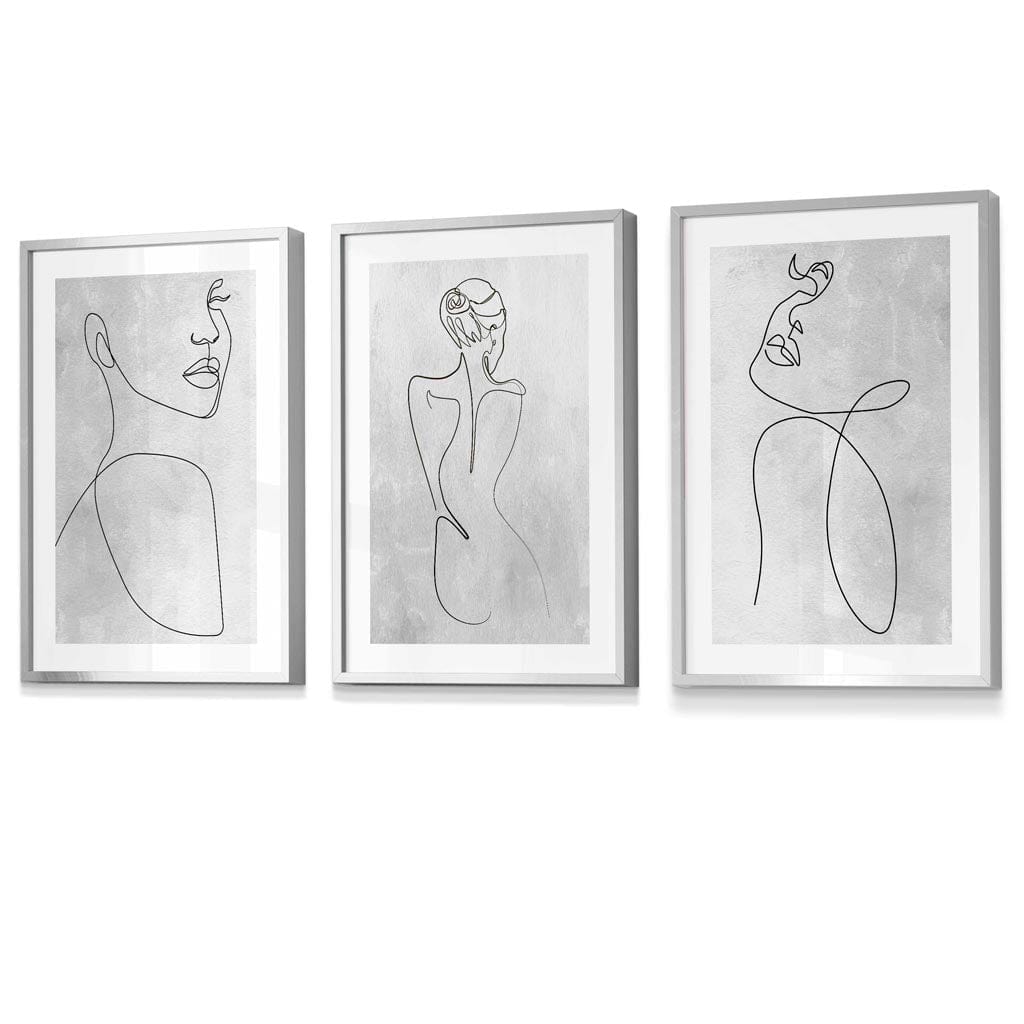 Abstract Line Art Female Grey Wall Art Set of 3 Framed Prints | Artze Wall Art UK