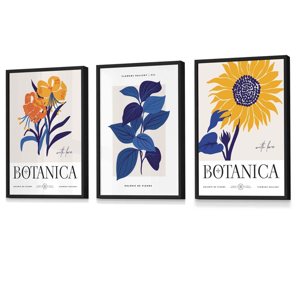 Blue & Yellow Set of 3 Floral Boho Sunflower Framed Wall Art Prints | Artze Wall Art UK