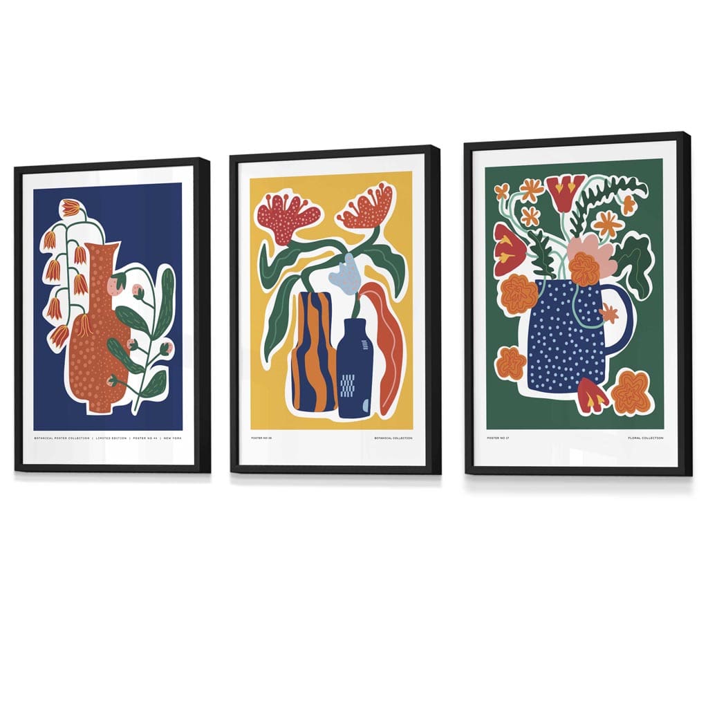 Flower Market Prints in Green, FRAMED Set of 3 with Flowers of London, Edinburgh, Dublin | Artze Wall Art UK
