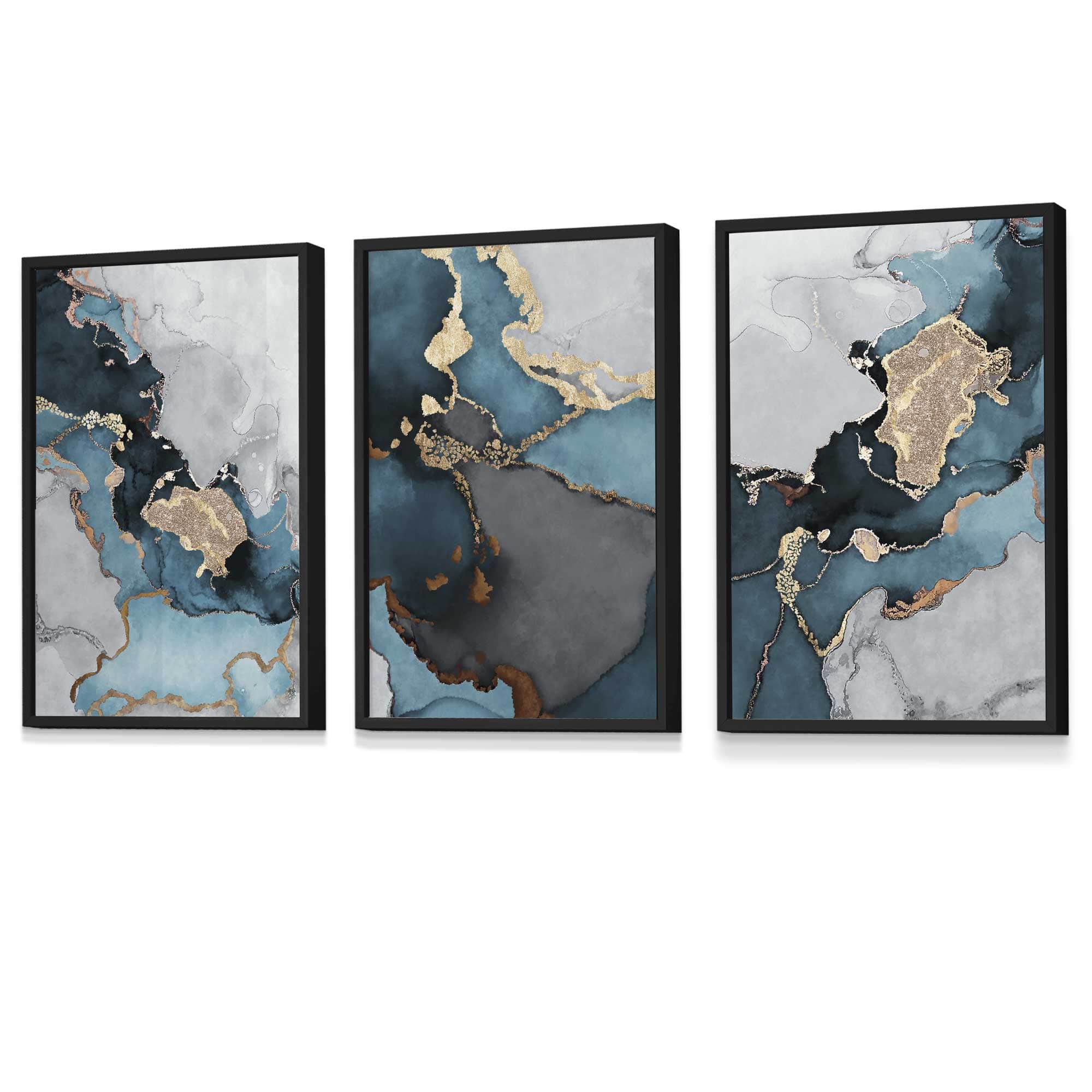 Set of 3 Abstract Art Framed / Prints of Paintings Teal Blue Grey and Gold | Artze Wall Art UK