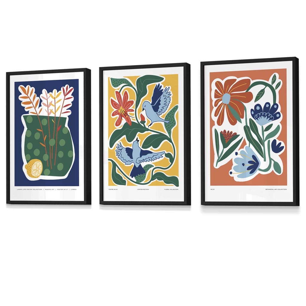 Flower Market Prints in Green, FRAMED Set of 3 with Flowers of London, Edinburgh, Dublin | Artze Wall Art UK