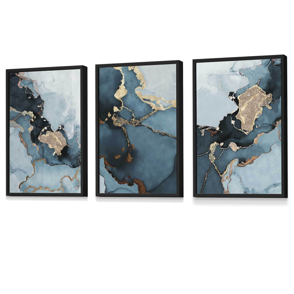 Set of 3 Abstract Teal Blue and Gold Framed Wall Art Prints | Artze Wall Art UK