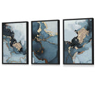 Set of 3 Abstract Teal Blue and Gold Framed Wall Art Prints | Artze Wall Art UK