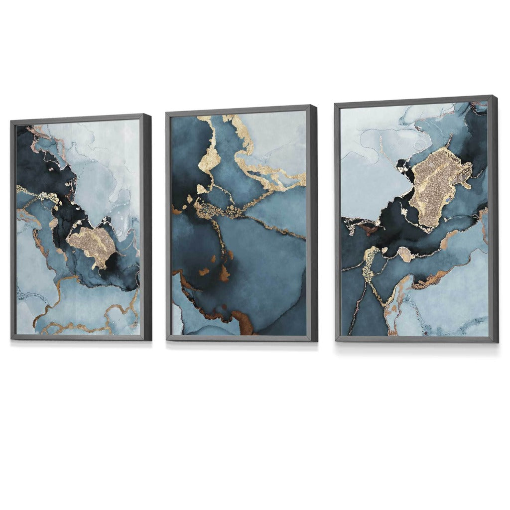 Set of 3 Abstract Teal Blue and Gold Framed Wall Art Prints | Artze Wall Art UK