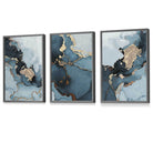 Set of 3 Abstract Teal Blue and Gold Framed Wall Art Prints | Artze Wall Art UK