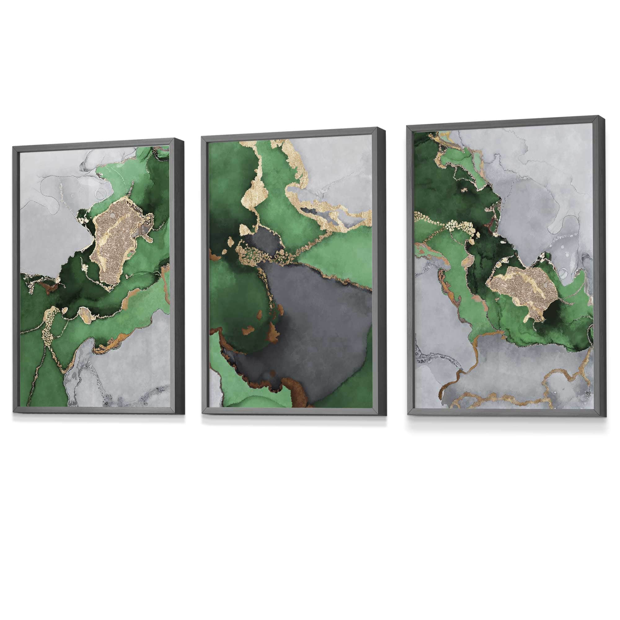 Framed Set of 3 Abstract Art Prints of Paintings Green Grey and Gold | Artze Wall Art UK