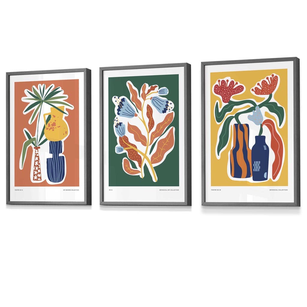 Flower Market Prints in Green, FRAMED Set of 3 with Flowers of London, Edinburgh, Dublin | Artze Wall Art UK