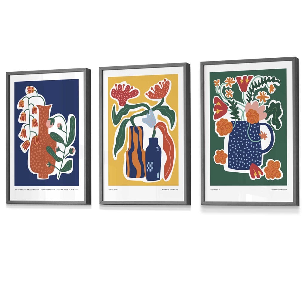 Flower Market Prints in Green, FRAMED Set of 3 with Flowers of London, Edinburgh, Dublin | Artze Wall Art UK