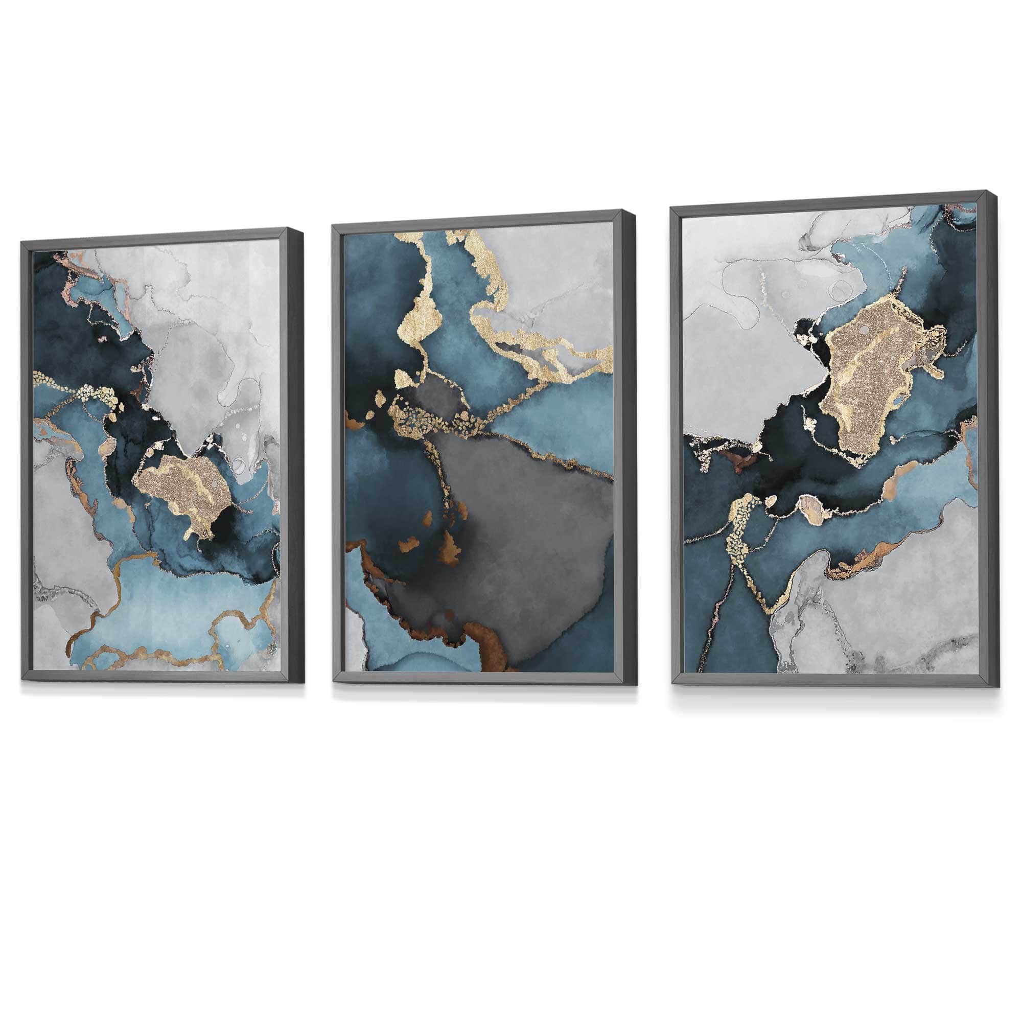 Set of 3 Abstract Art Framed / Prints of Paintings Teal Blue Grey and Gold | Artze Wall Art UK