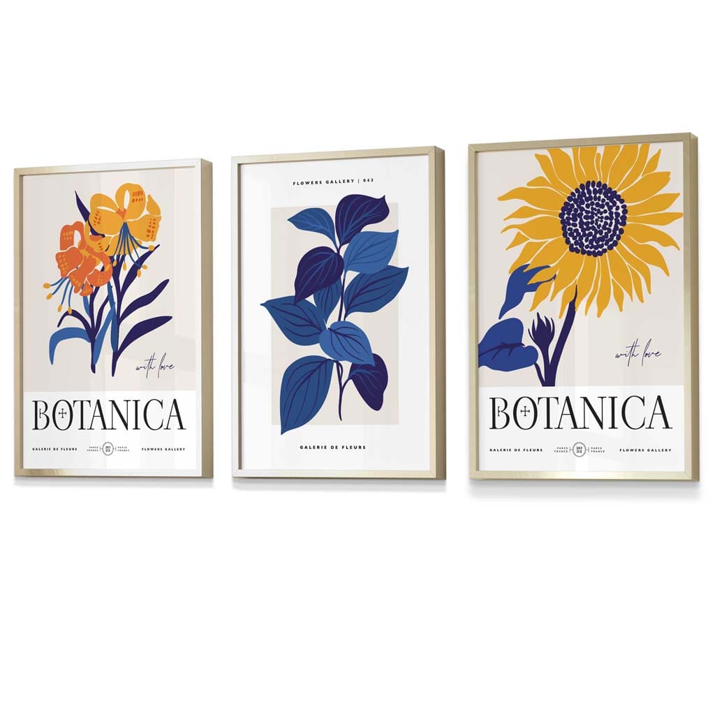 Blue & Yellow Set of 3 Floral Boho Sunflower Framed Wall Art Prints | Artze Wall Art UK