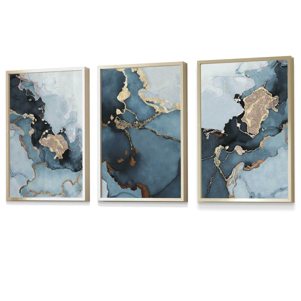 Set of 3 Abstract Teal Blue and Gold Framed Wall Art Prints | Artze Wall Art UK