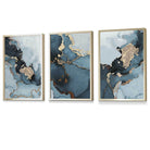 Set of 3 Abstract Teal Blue and Gold Framed Wall Art Prints | Artze Wall Art UK