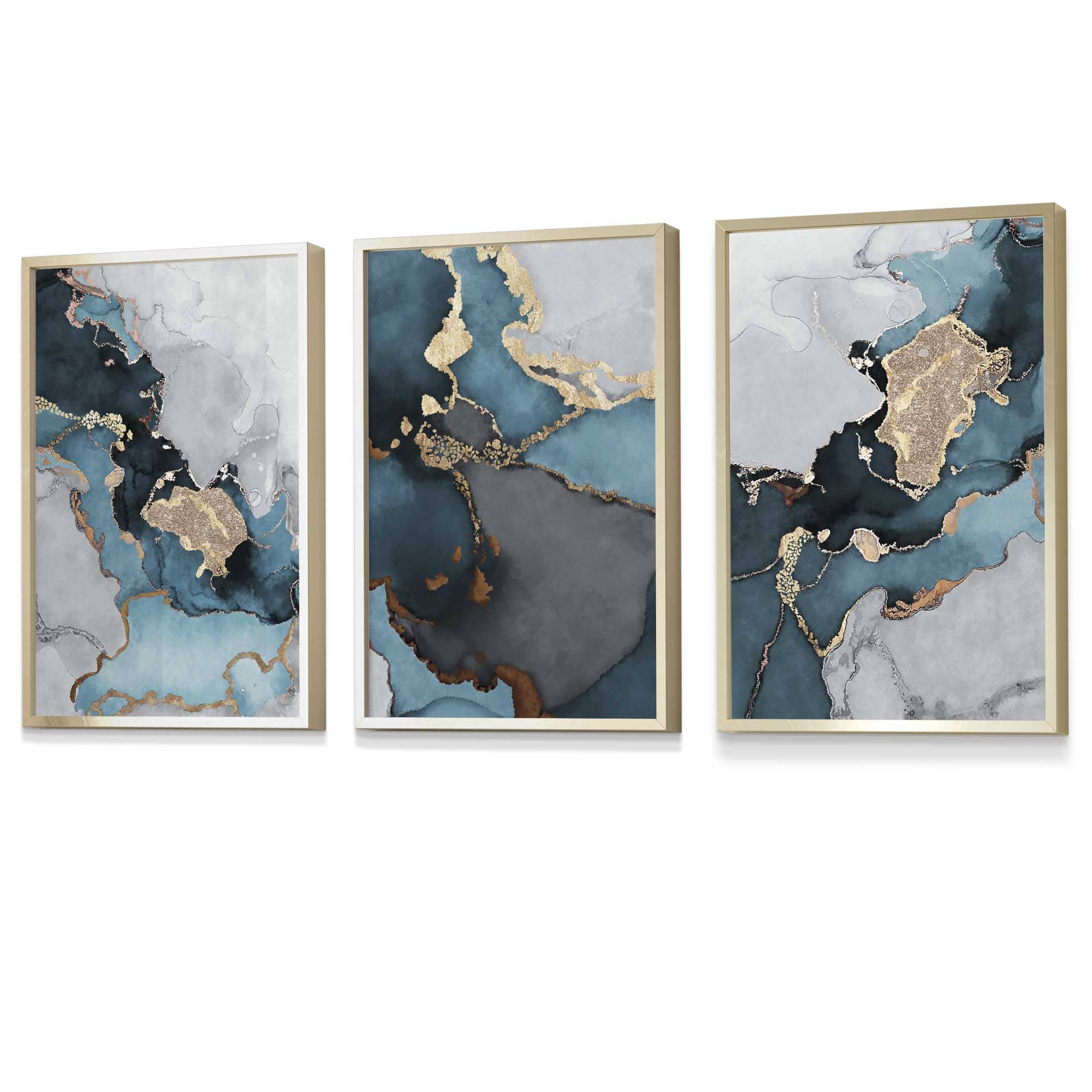 Set of 3 Abstract Art Framed / Prints of Paintings Teal Blue Grey and Gold | Artze Wall Art UK