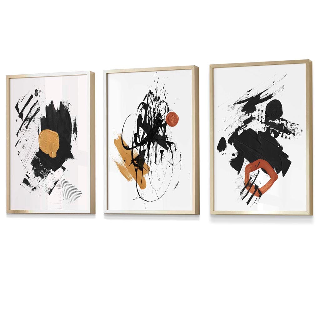 Set of 3 Black and Yellow Prints of Abstract Oil Paintings Wall Art Prints / Framed | Artze Wall Art UK