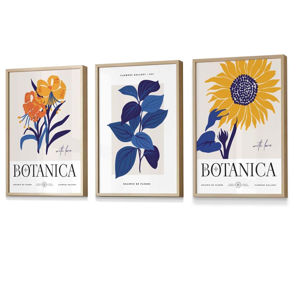 Blue & Yellow Set of 3 Floral Boho Sunflower Framed Wall Art Prints | Artze Wall Art UK