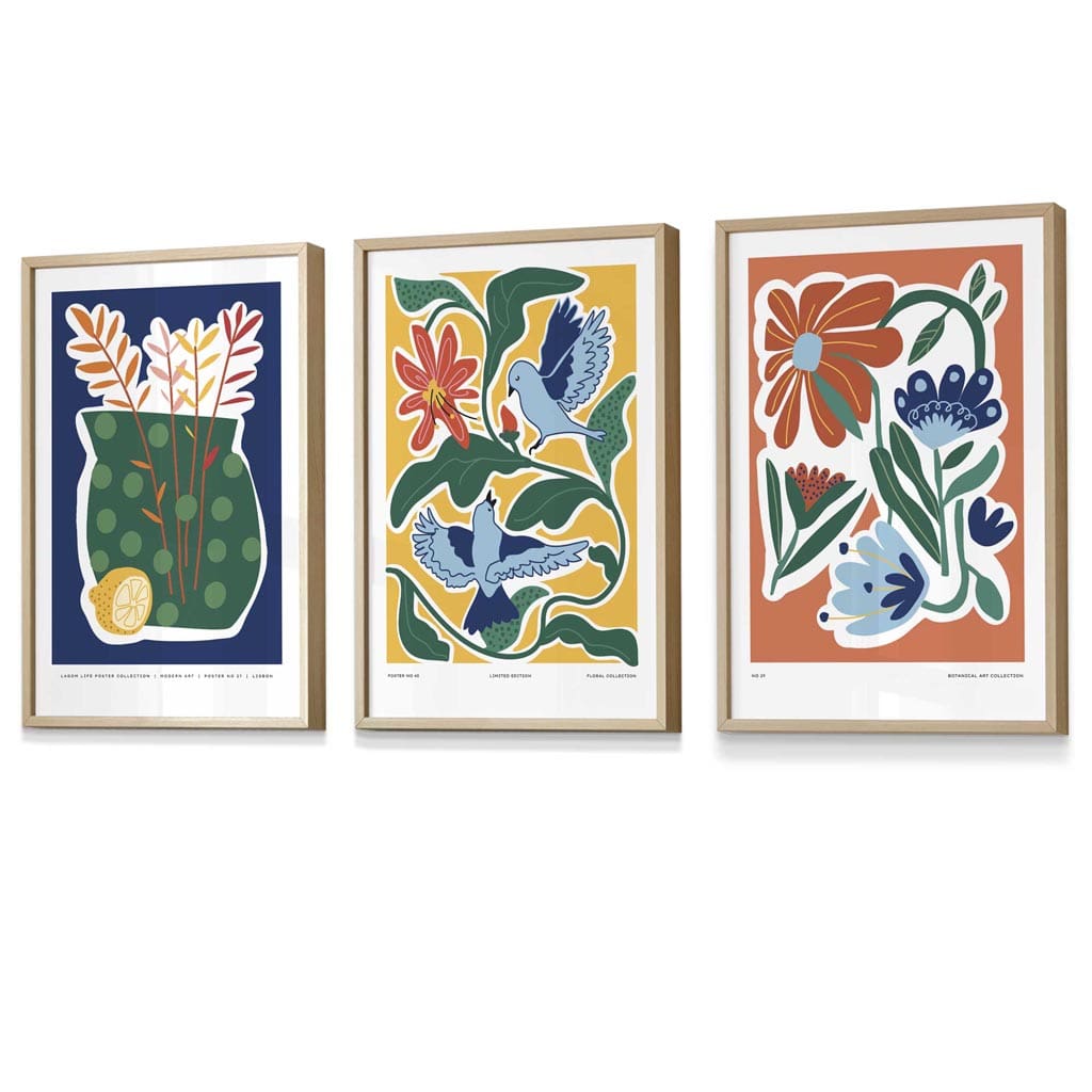 Flower Market Prints in Green, FRAMED Set of 3 with Flowers of London, Edinburgh, Dublin | Artze Wall Art UK