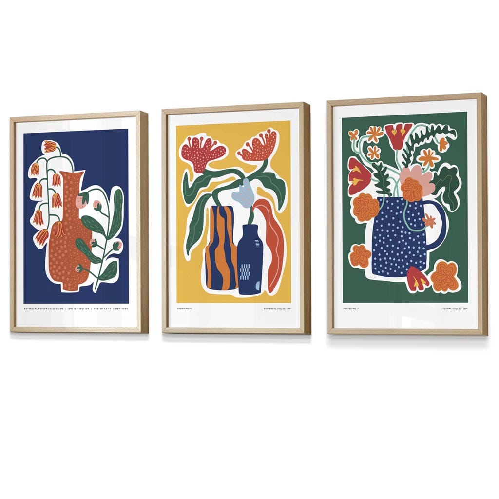 Flower Market Prints in Green, FRAMED Set of 3 with Flowers of London, Edinburgh, Dublin | Artze Wall Art UK