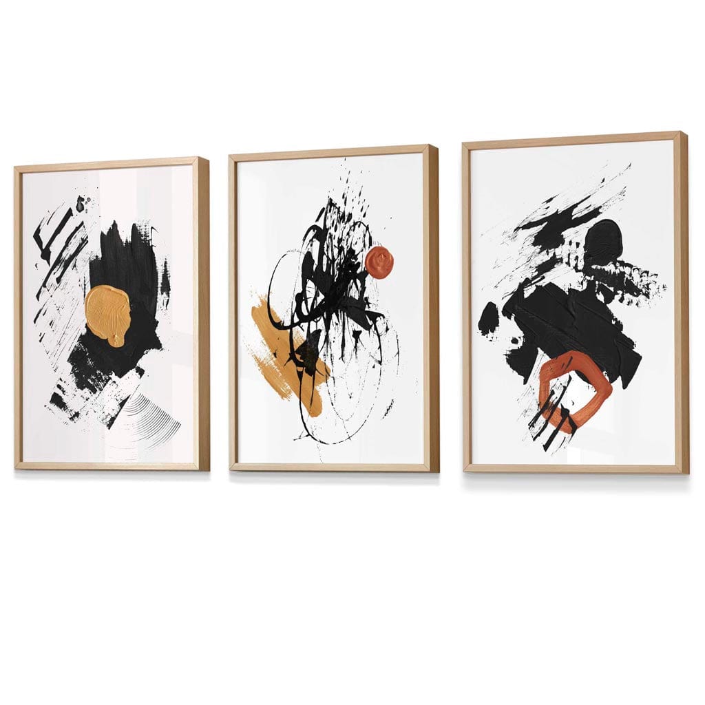 Set of 3 Black and Yellow Prints of Abstract Oil Paintings Wall Art Prints / Framed | Artze Wall Art UK